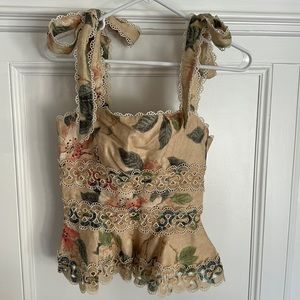❌SOLD❌ Zimmermann Linen Floral Print Top with Flounce Hem and Lace Trim Bow Tie